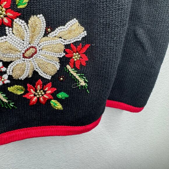 Mercer Street Studio M Black Red Beaded Floral Cardigan Sweater Holiday Vintage - Picture 4 of 10